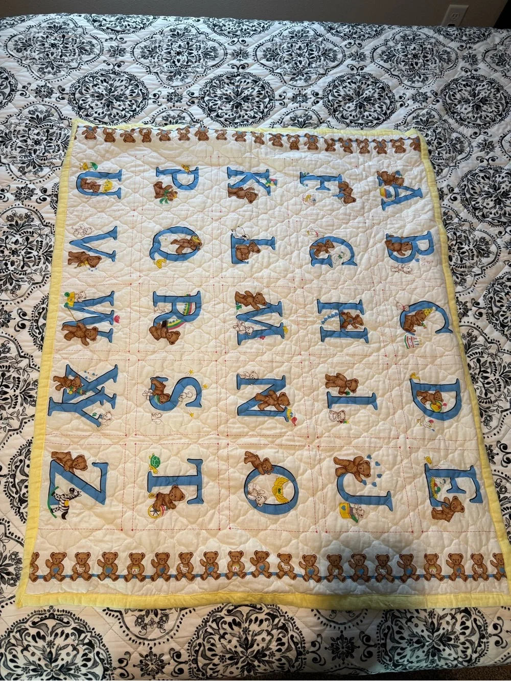 Baby Alphabet Teddy Quilted Blanket - Yellow Trim